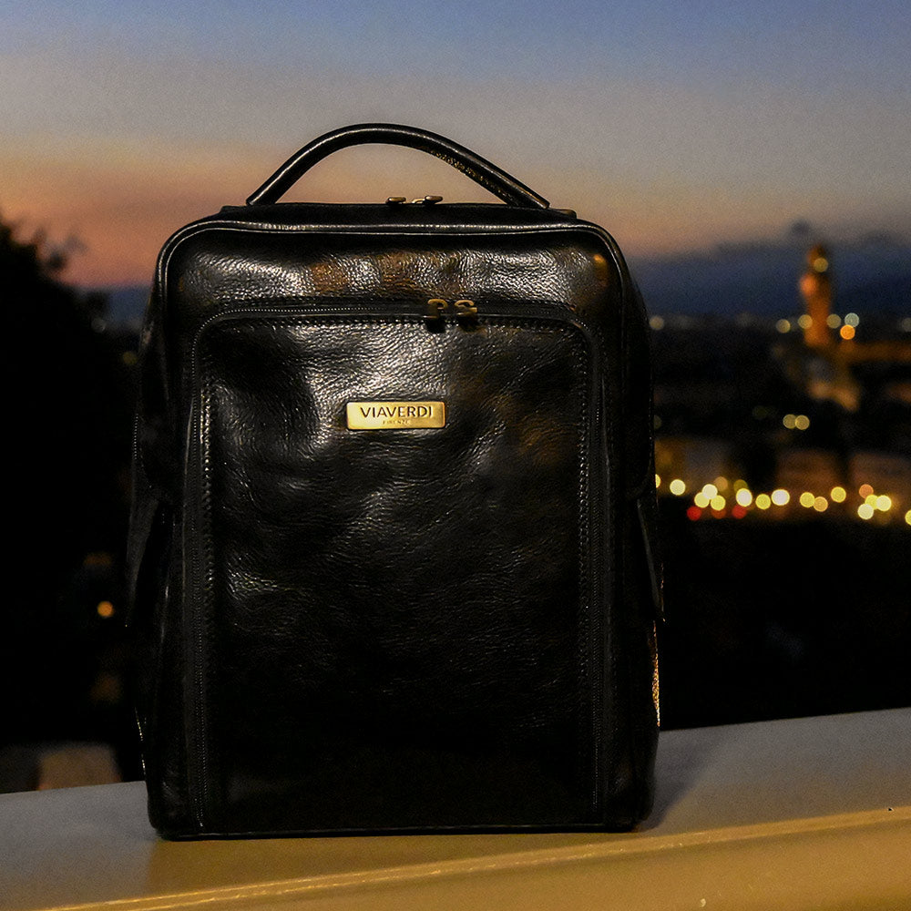 VIAVERDI Rucksack aus schwarzem Leder, hergestellt in Italien