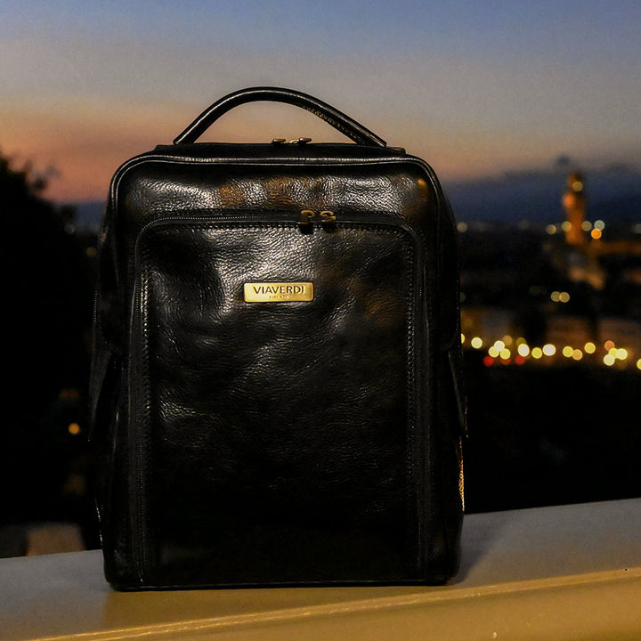 VIAVERDI Rucksack aus schwarzem Leder, hergestellt in Italien