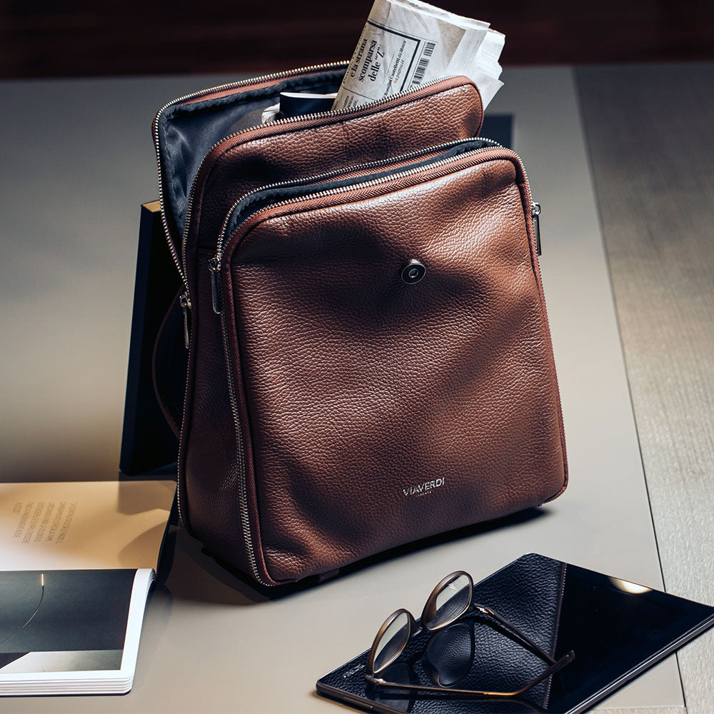 VIAVERDI Brown Tumbled Leather Backpack Made in Italy