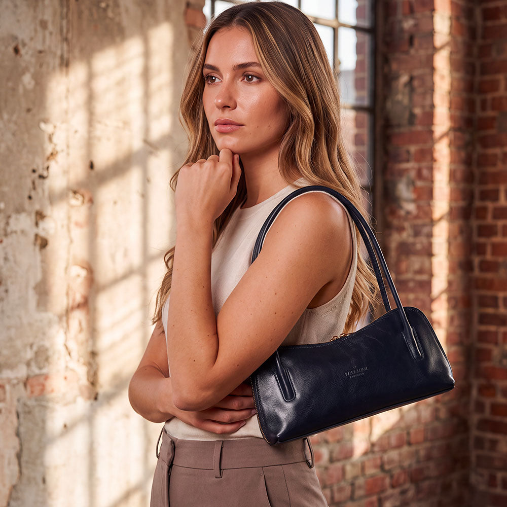 VIAVERDI Leather Shoulder Bag in Blue, Made in Italy, Firenze line.