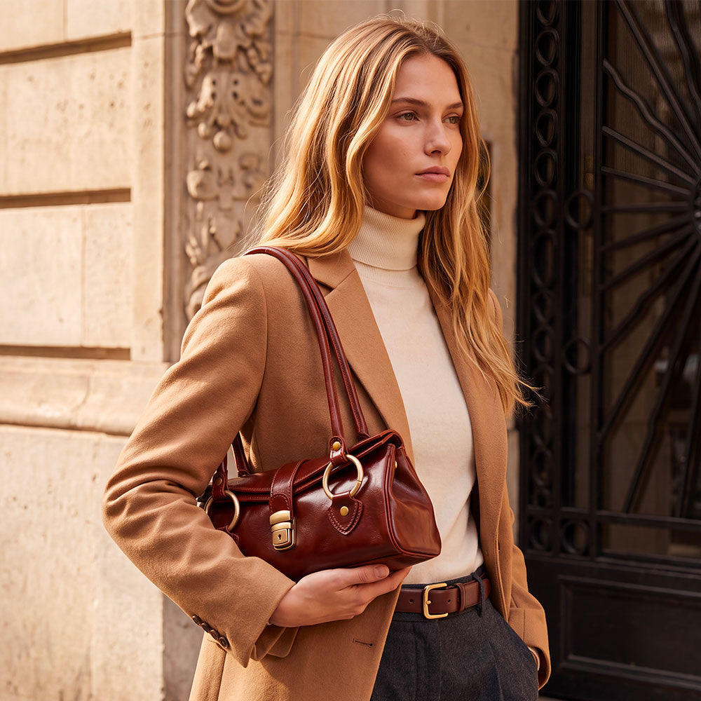 VIAVERDI Brown Leather Shoulder Bag Made in Italy, Florence Line