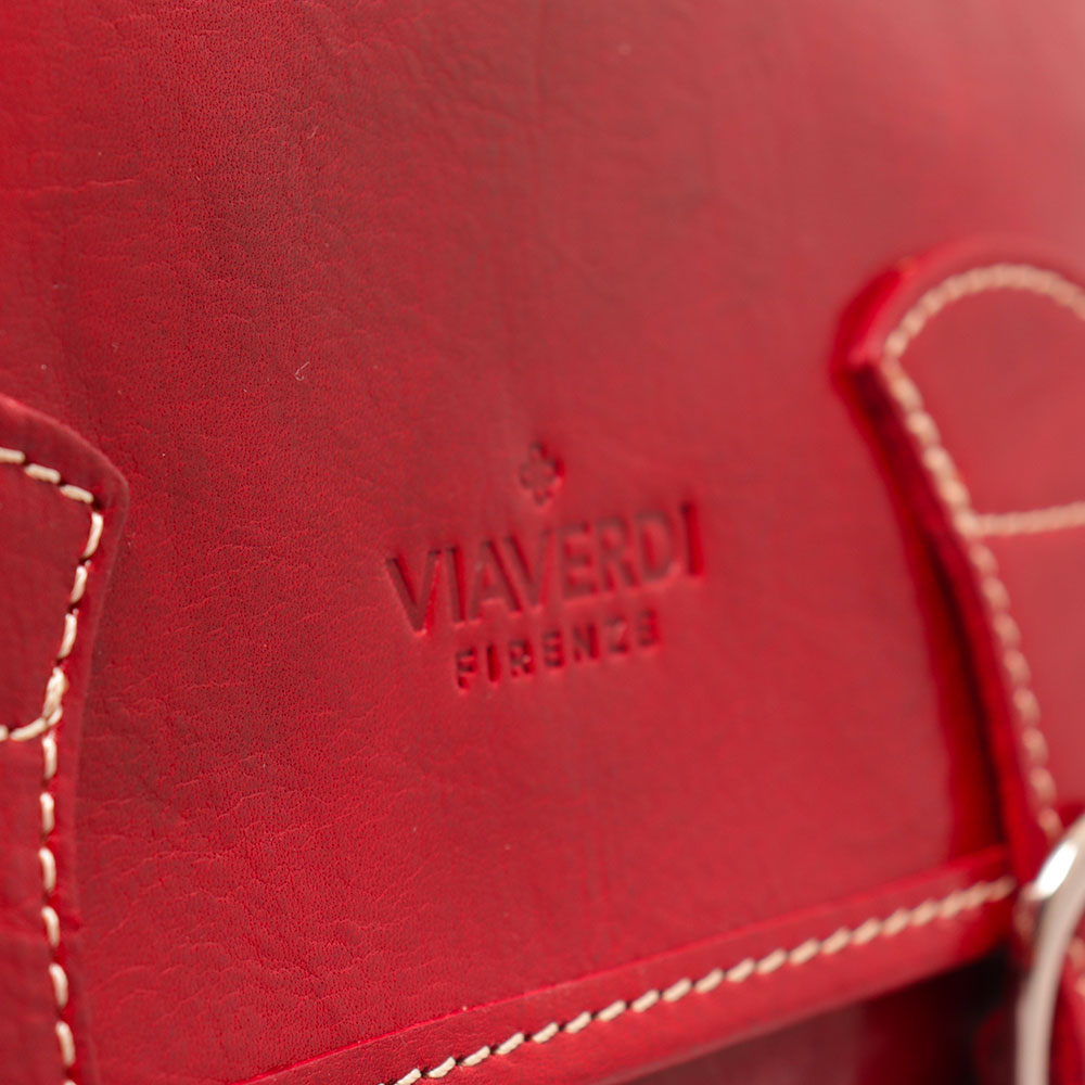 VIAVERDI Red Leather Shoulder Bag, Made in Italy, Florence line.