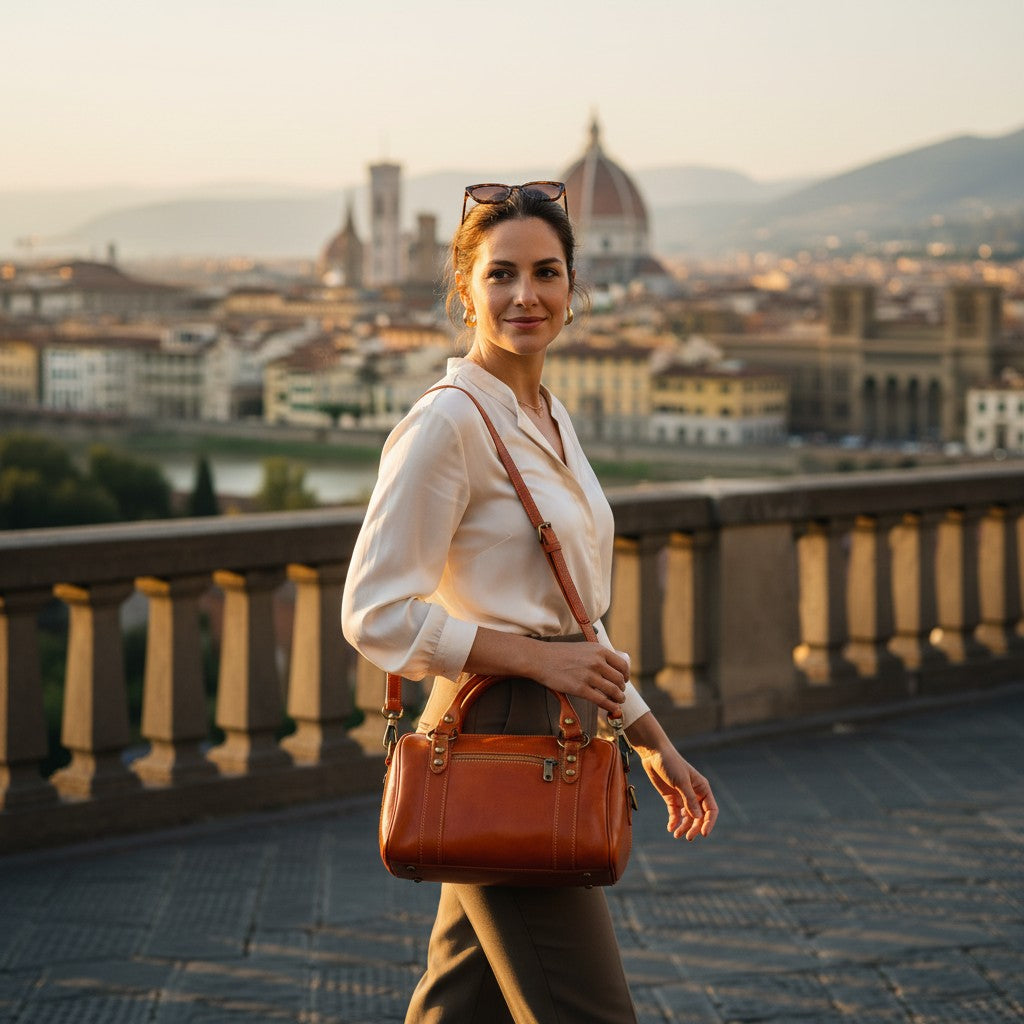 Bowlingtasche mit Henkeln Damen ViaVerdi aus Cognac Leder Made in Italy – Linie Firenze