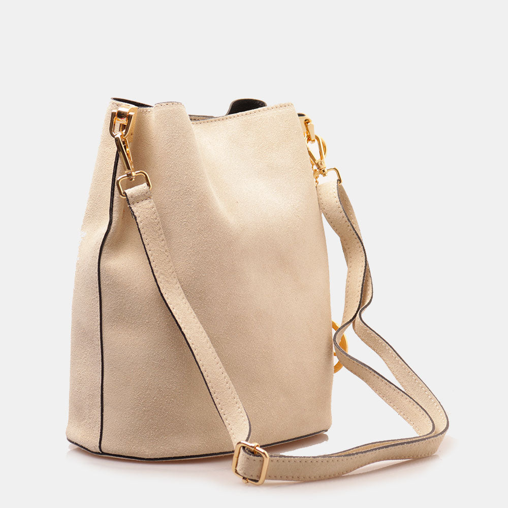 Borsa Secchiello con Tracolla VIAVERDI in Camoscio Avorio Made in Italy linea Capalbio