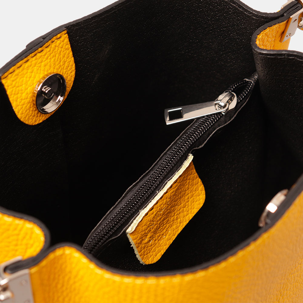 Borsa Secchiello con Tracolla VIAVERDI in Pelle Gialla Made in Italy linea Capalbio