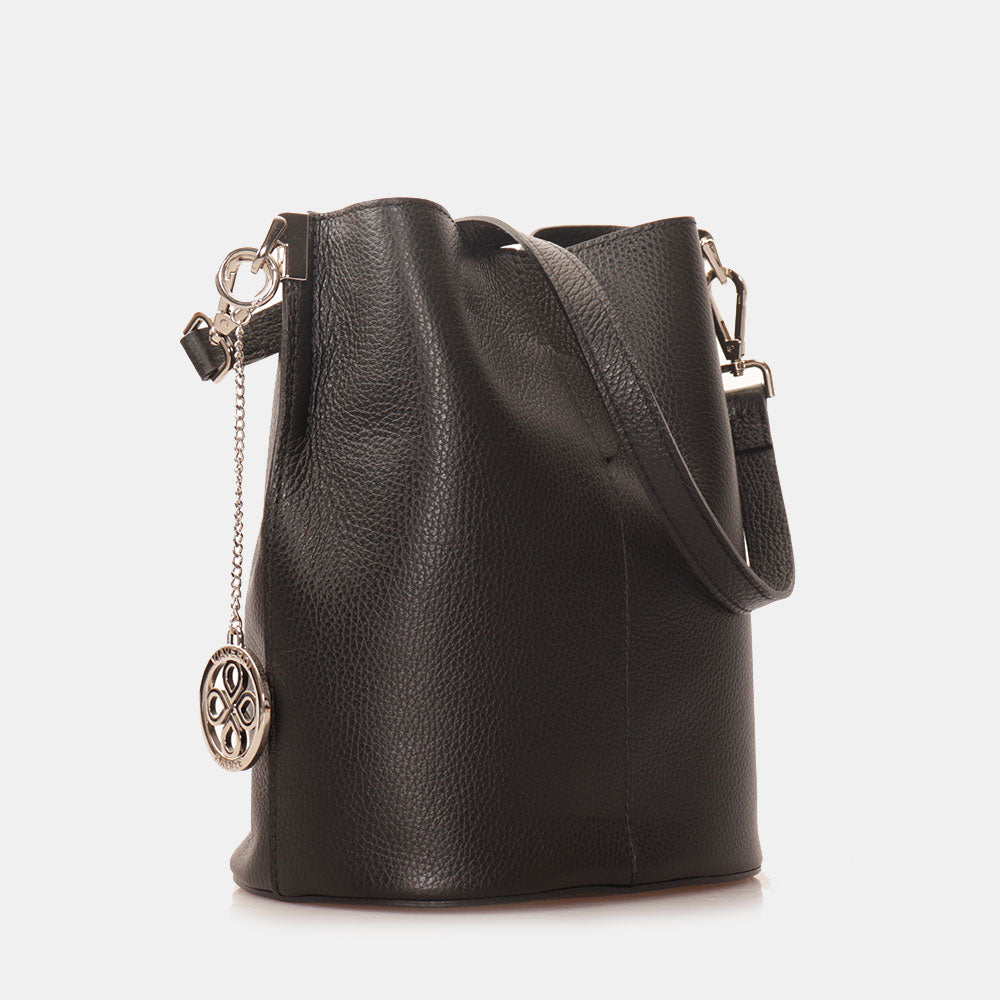 Bucket Bag with Shoulder Strap VIAVERDI in Black Leather Made in Italy Capalbio line