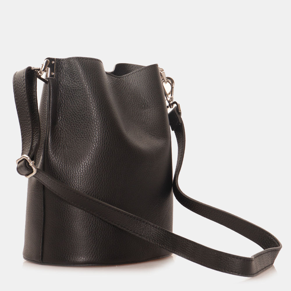 Bucket Bag with Shoulder Strap VIAVERDI in Black Leather Made in Italy Capalbio line