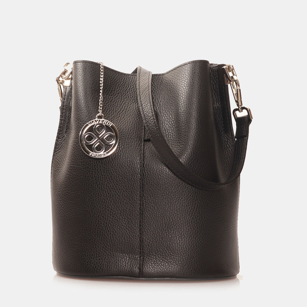 Bucket Bag with Shoulder Strap VIAVERDI in Black Leather Made in Italy Capalbio line