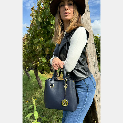 Borsa a Mano con Tracolla VIAVERDI in Pelle Blu Made in Italy linea Montalcino