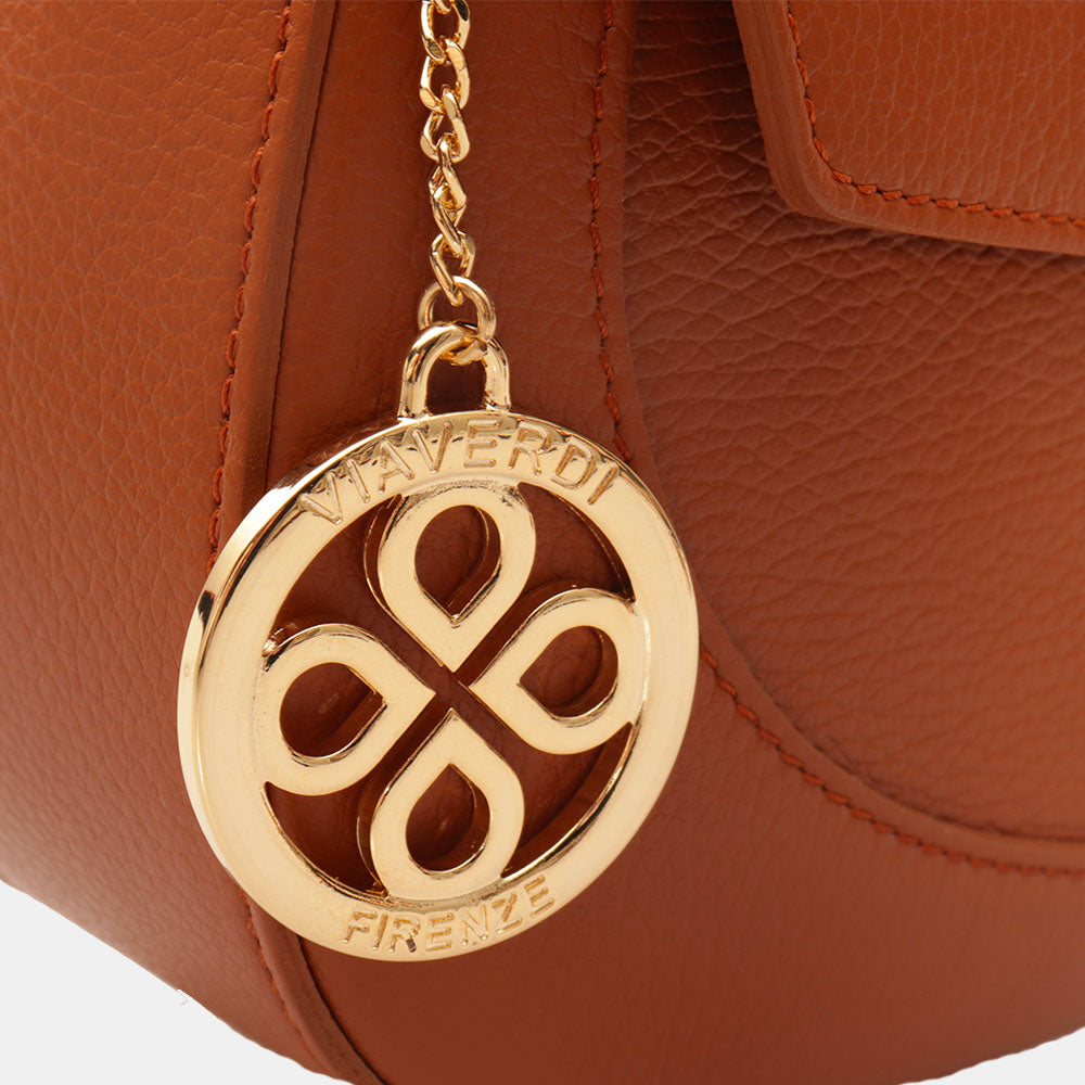 Borsa a Spalla con Tracolla VIAVERDI in Pelle Color Cuoio Made in Italy linea Montalcino