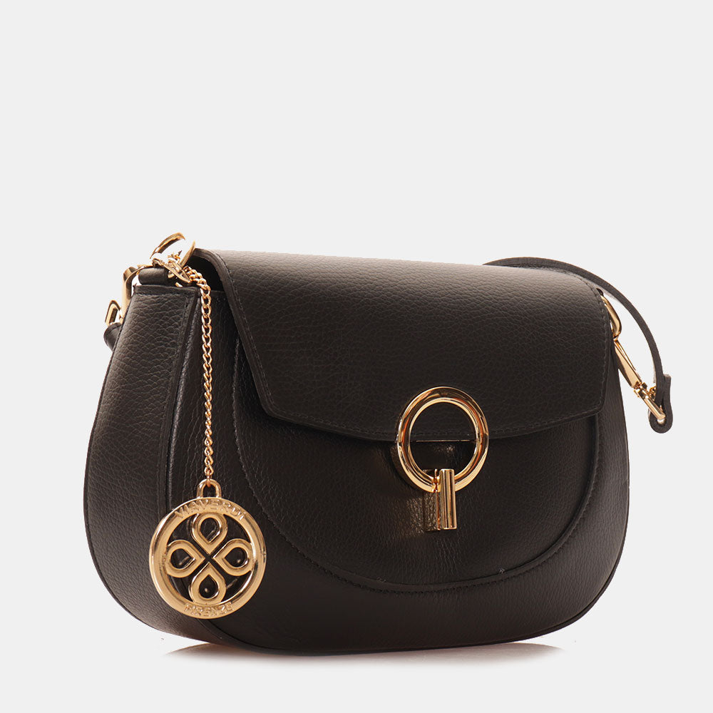 Borsa a Spalla con Tracolla VIAVERDI in Pelle Nera Made in Italy linea Montalcino
