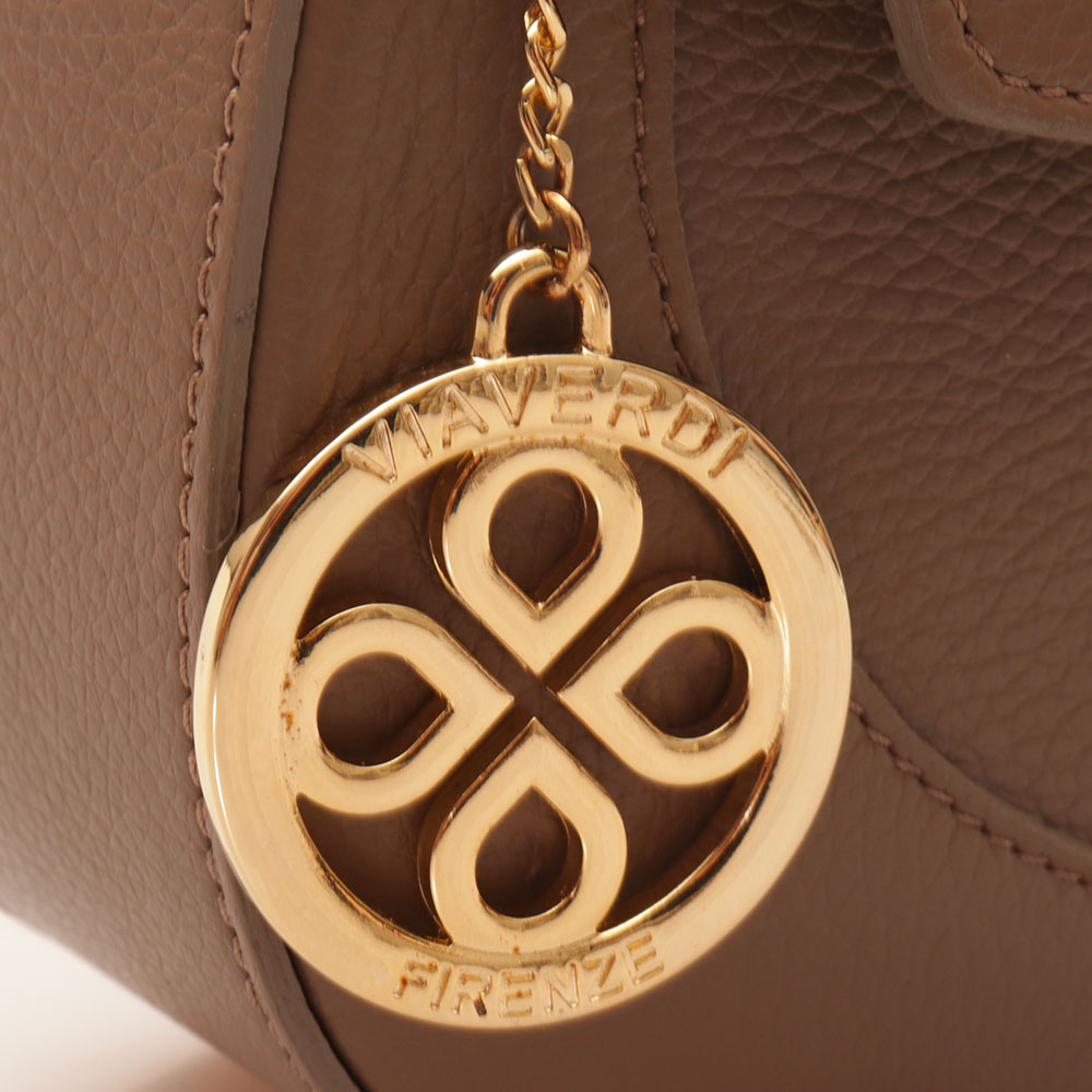 Taupe Leather Shoulder Bag with Shoulder Strap by VIAVERDI, Made in Italy, Montalcino line.