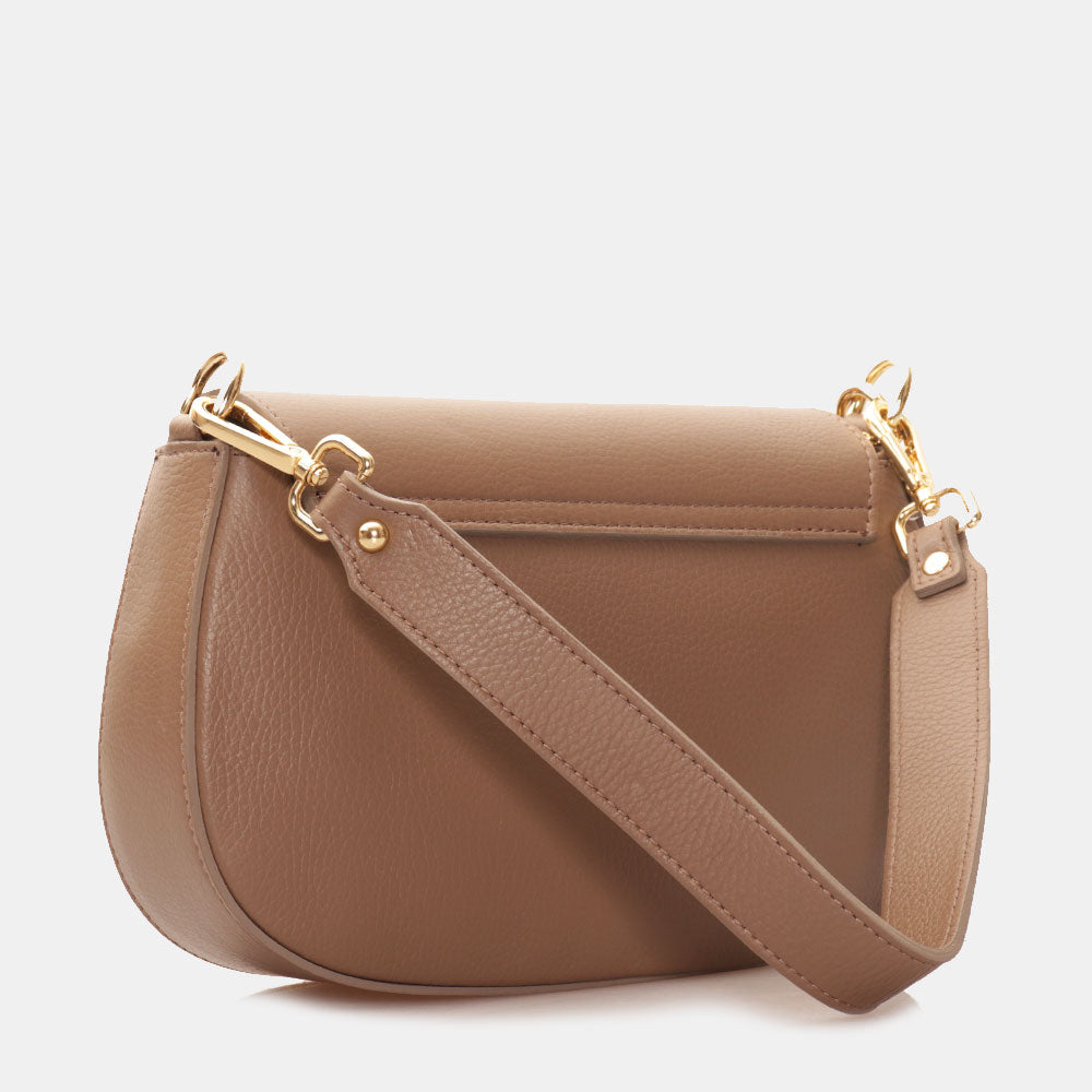 Taupe Leather Shoulder Bag with Shoulder Strap by VIAVERDI, Made in Italy, Montalcino line.