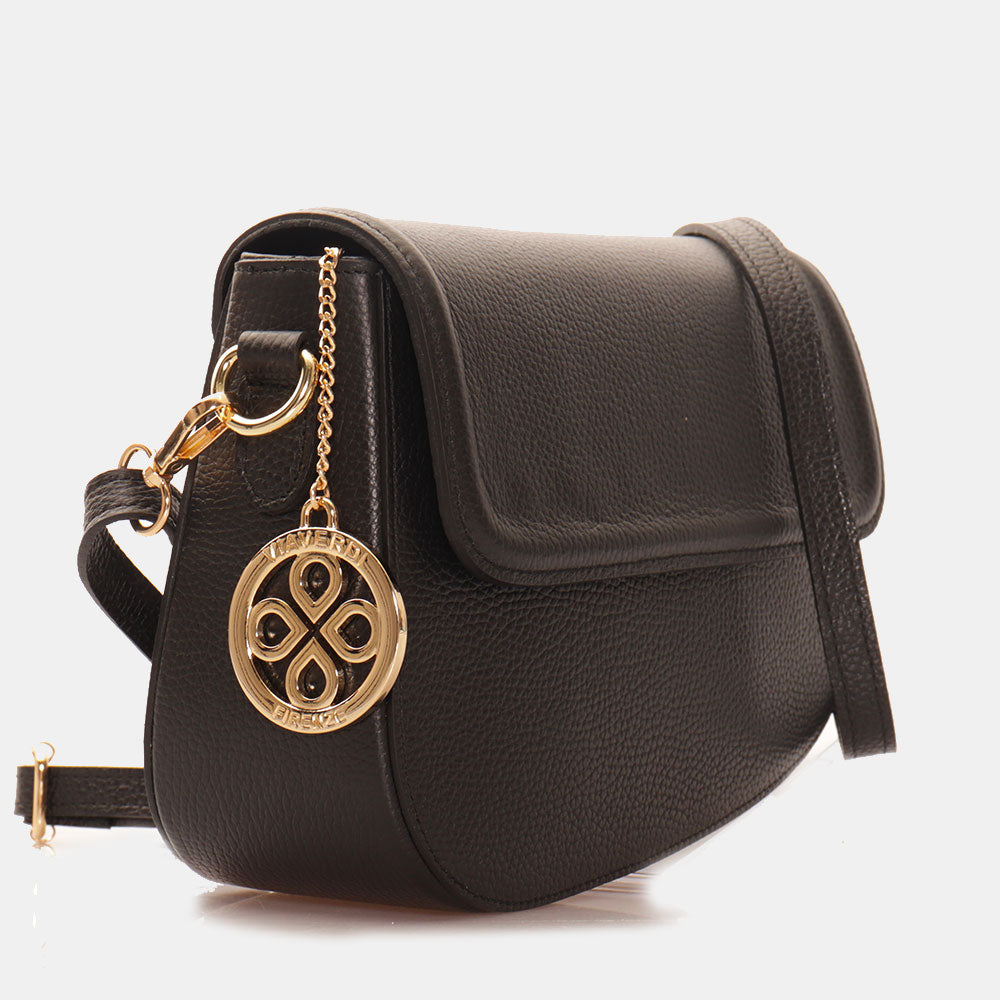 VIAVERDI Shoulder Bag with Strap in Black Leather Made in Italy San Gimignano line