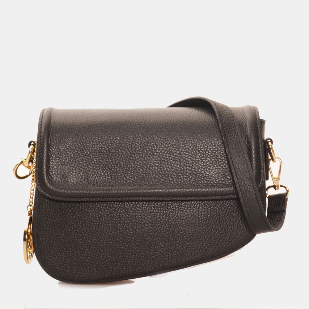 VIAVERDI Shoulder Bag with Strap in Black Leather Made in Italy San Gimignano line