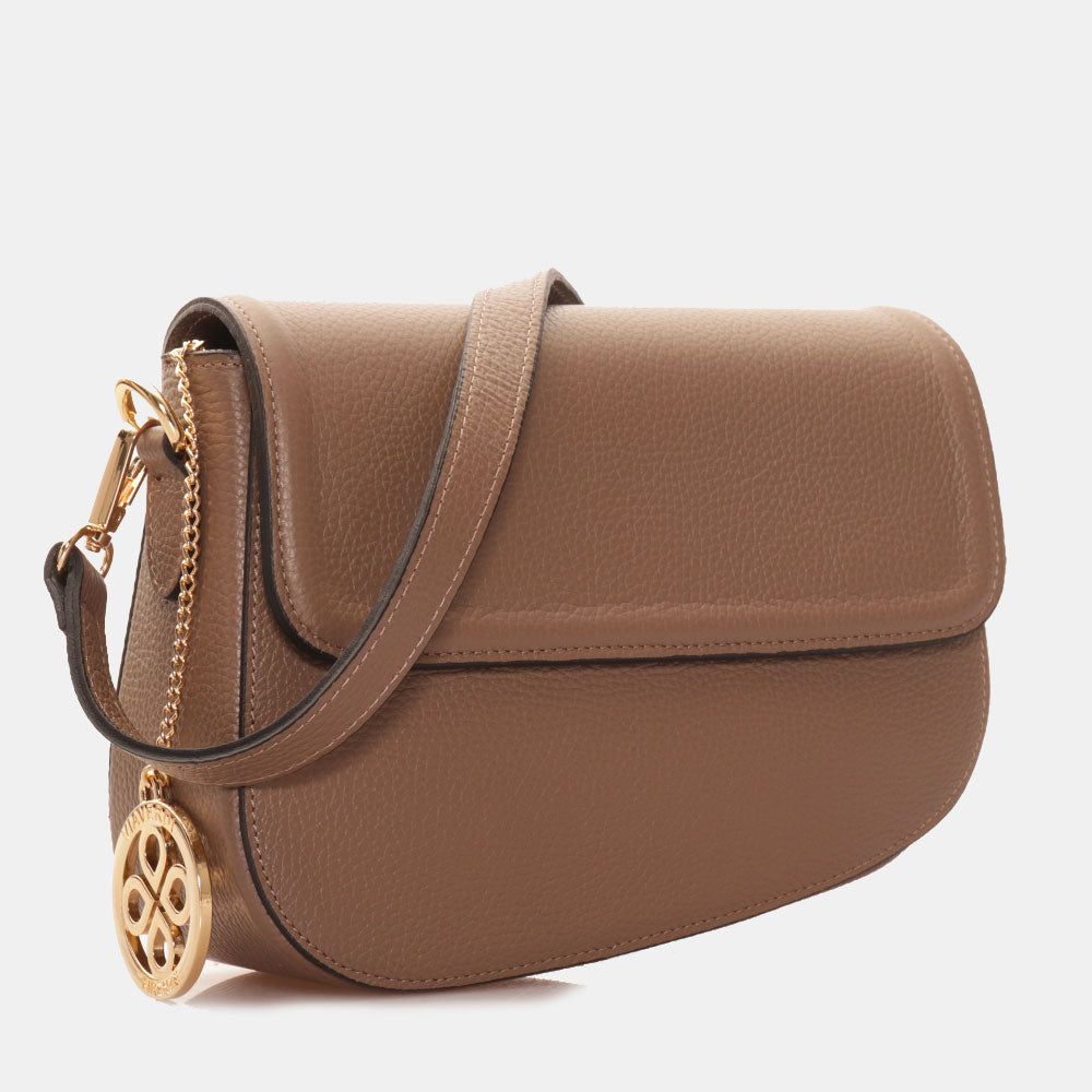 VIAVERDI Shoulder Bag in Taupe Leather, Made in Italy, San Gimignano line.