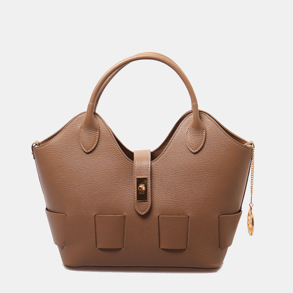 Borsa Donna a Mano con Tracolla VIAVERDI in Pelle Taupe Made in Italy linea Artimino