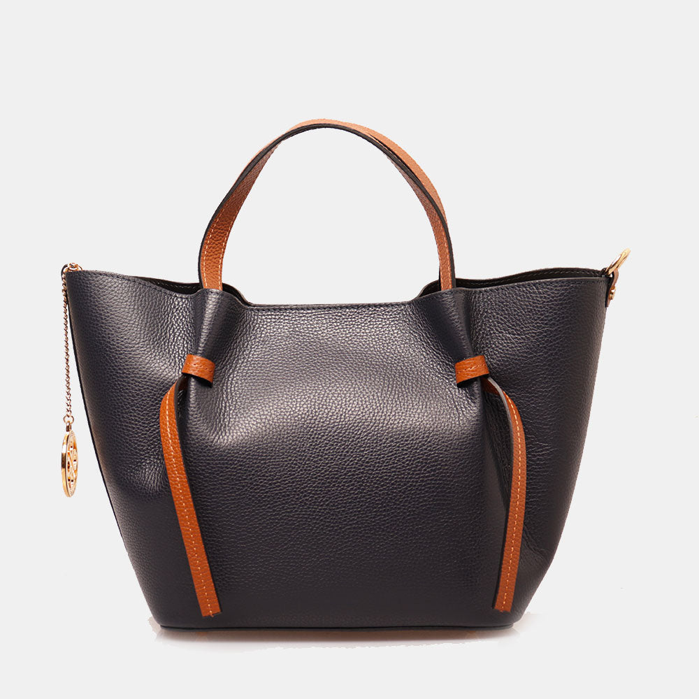 Borsa a Mano con Tracolla VIAVERDI in Pelle Blu e Marrone Made in Italy linea Castiglione