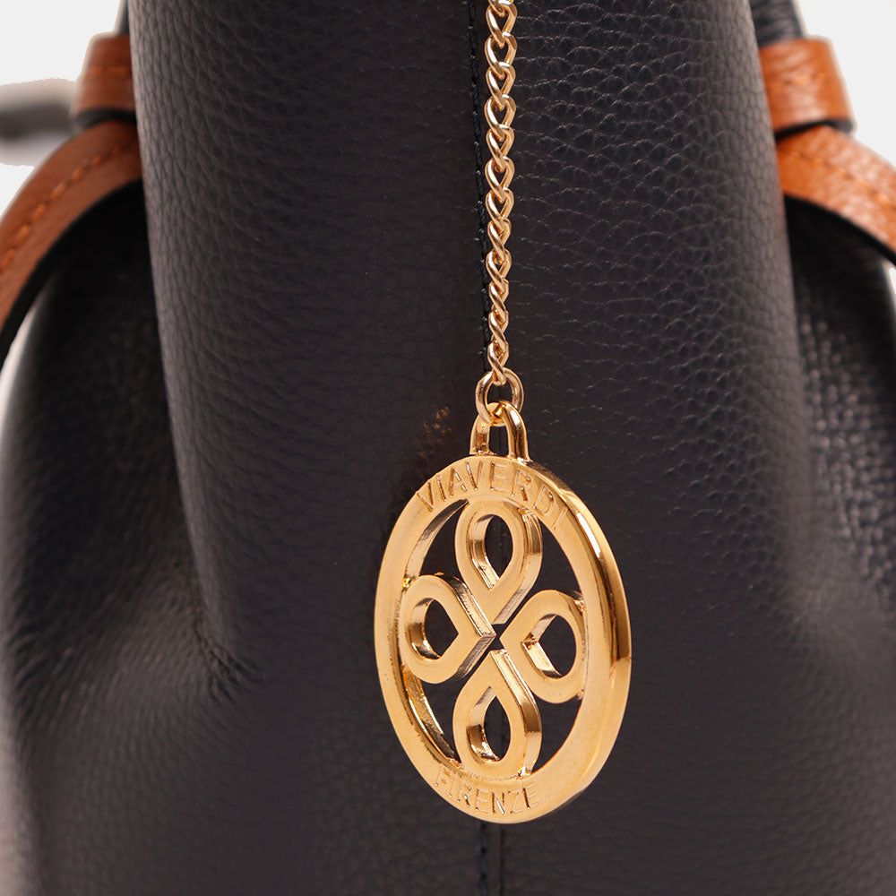 Borsa a Mano con Tracolla VIAVERDI in Pelle Blu e Marrone Made in Italy linea Castiglione