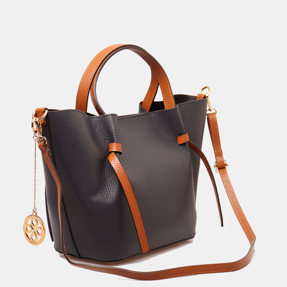 Borsa a Mano con Tracolla VIAVERDI in Pelle Blu e Marrone Made in Italy linea Castiglione