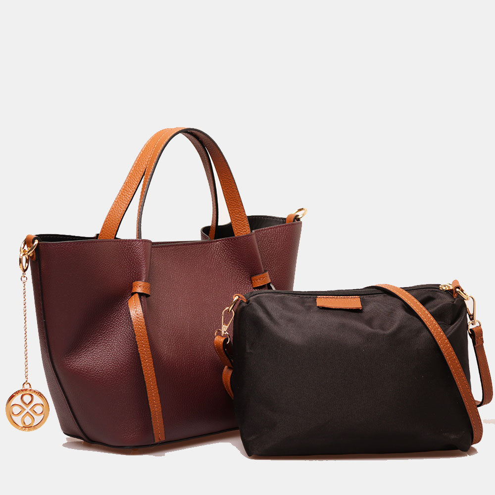 Borsa a Mano con Tracolla VIAVERDI in Pelle Bordeaux e Marrone Made in Italy linea Castiglione