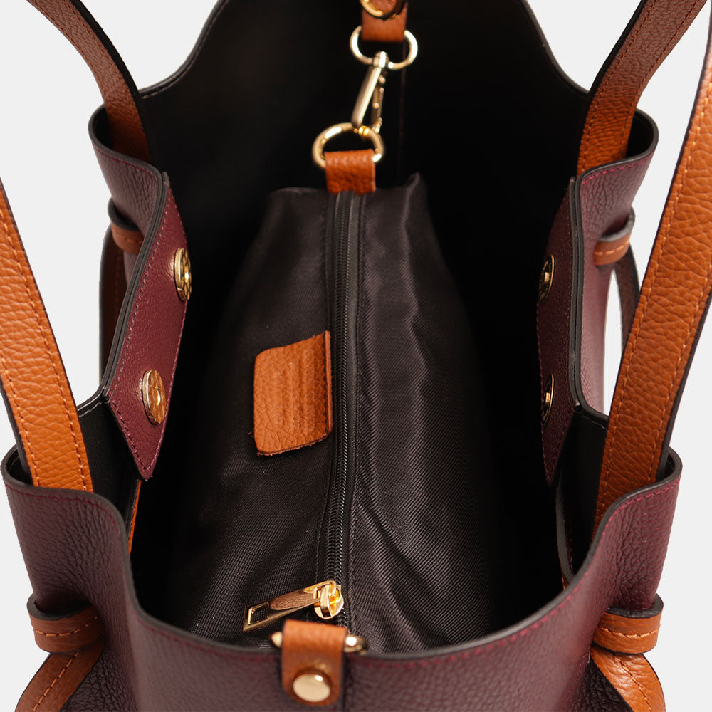 Borsa a Mano con Tracolla VIAVERDI in Pelle Bordeaux e Marrone Made in Italy linea Castiglione