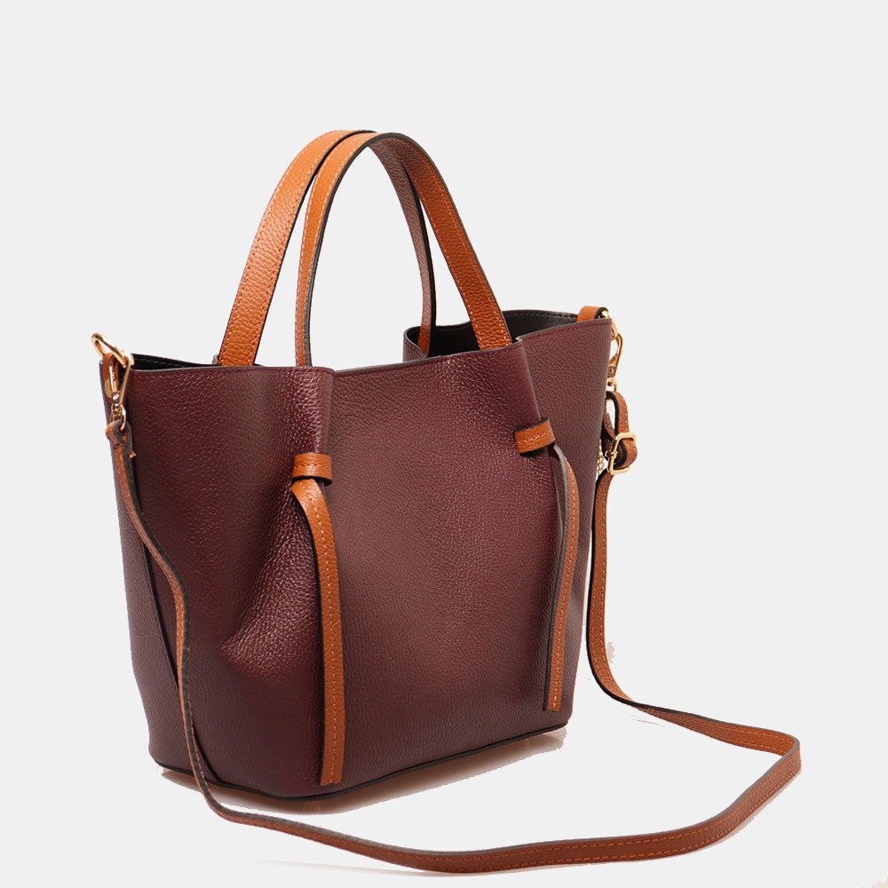 Borsa a Mano con Tracolla VIAVERDI in Pelle Bordeaux e Marrone Made in Italy linea Castiglione