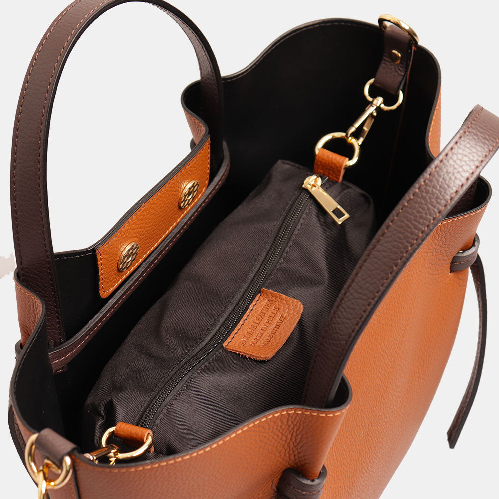 Borsa a Mano con Tracolla VIAVERDI in Pelle Cuoio e Marrone Made in Italy linea Castiglione