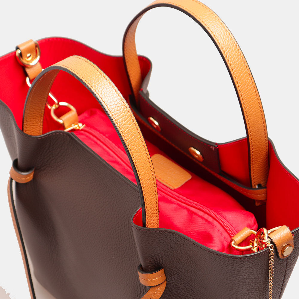 Borsa a Mano con Tracolla VIAVERDI in Pelle Marrone Scuro e Cuoio Made in Italy linea Castiglione