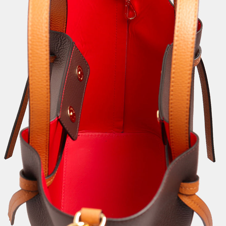 Borsa a Mano con Tracolla VIAVERDI in Pelle Marrone Scuro e Cuoio Made in Italy linea Castiglione