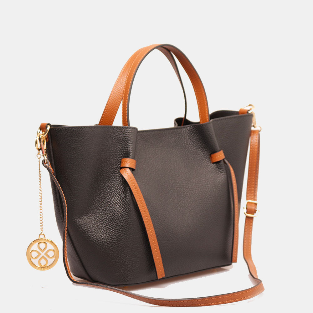 Borsa a Mano con Tracolla VIAVERDI in Pelle Nera e Marrone Made in Italy linea Castiglione