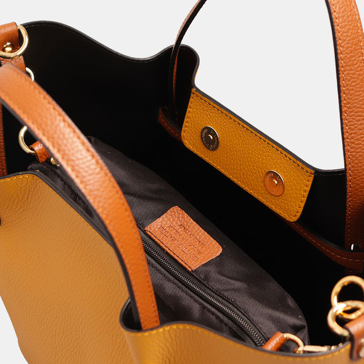 Borsa a Mano con Tracolla VIAVERDI in Pelle Senape e Marrone Made in Italy linea Castiglione