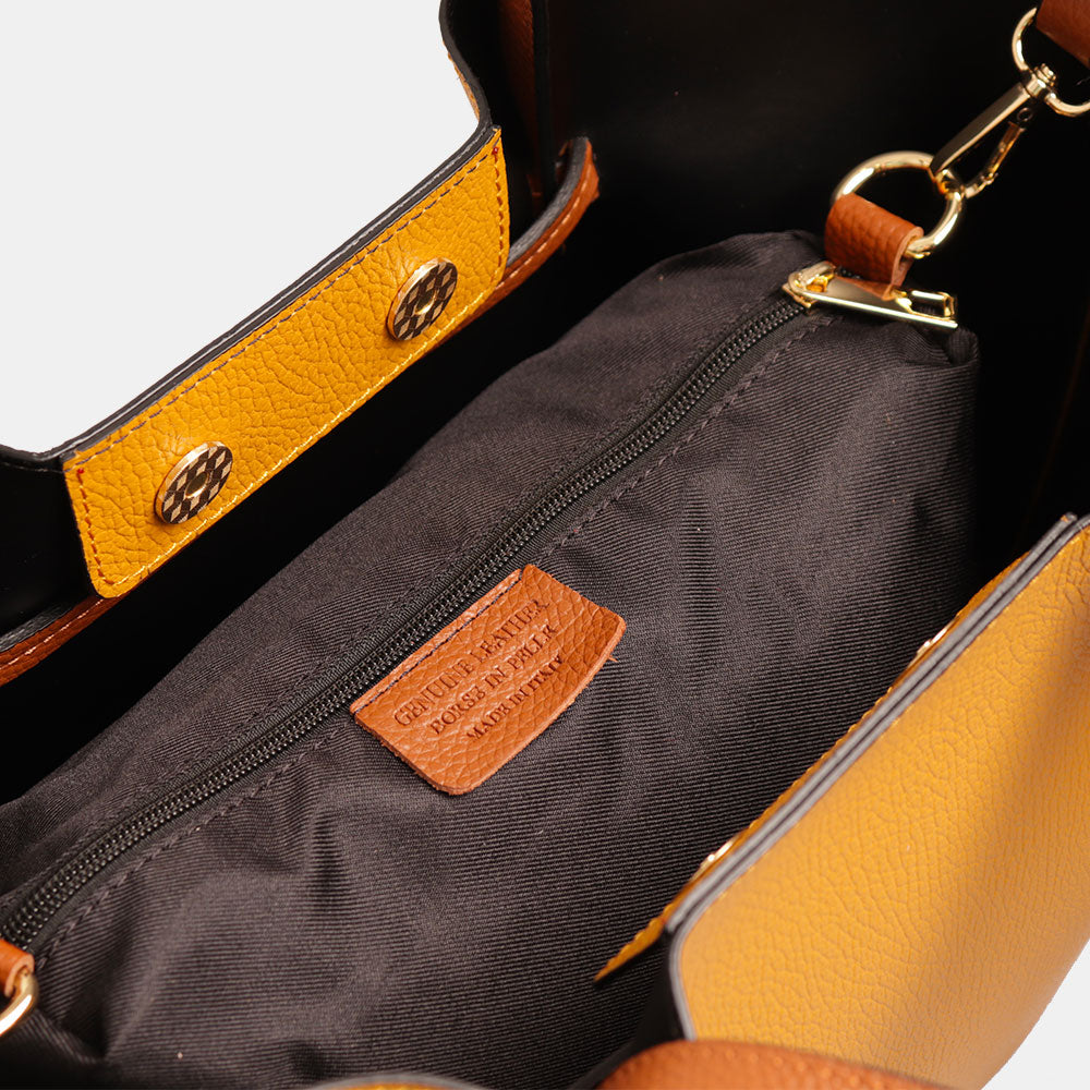 Borsa a Mano con Tracolla VIAVERDI in Pelle Senape e Marrone Made in Italy linea Castiglione