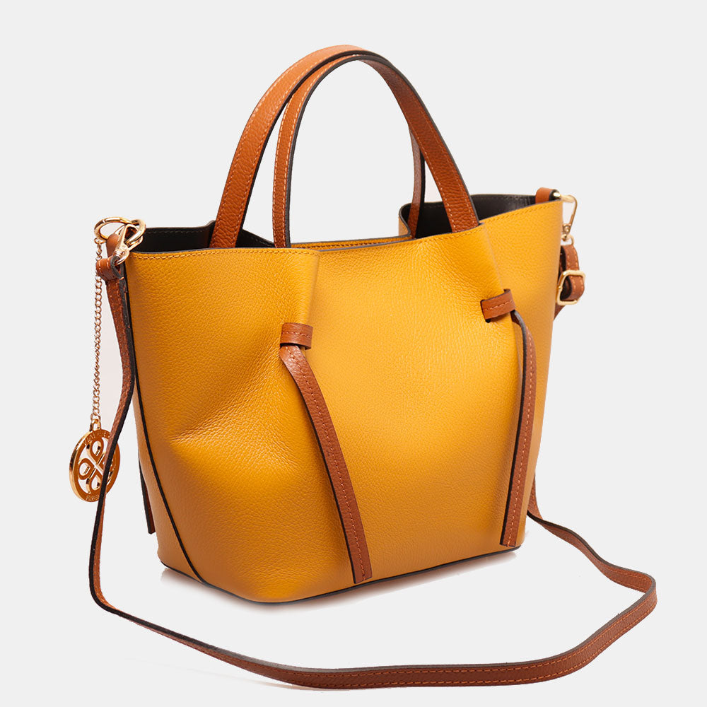 Borsa a Mano con Tracolla VIAVERDI in Pelle Senape e Marrone Made in Italy linea Castiglione