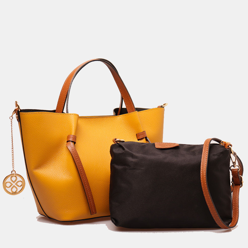 Borsa a Mano con Tracolla VIAVERDI in Pelle Senape e Marrone Made in Italy linea Castiglione