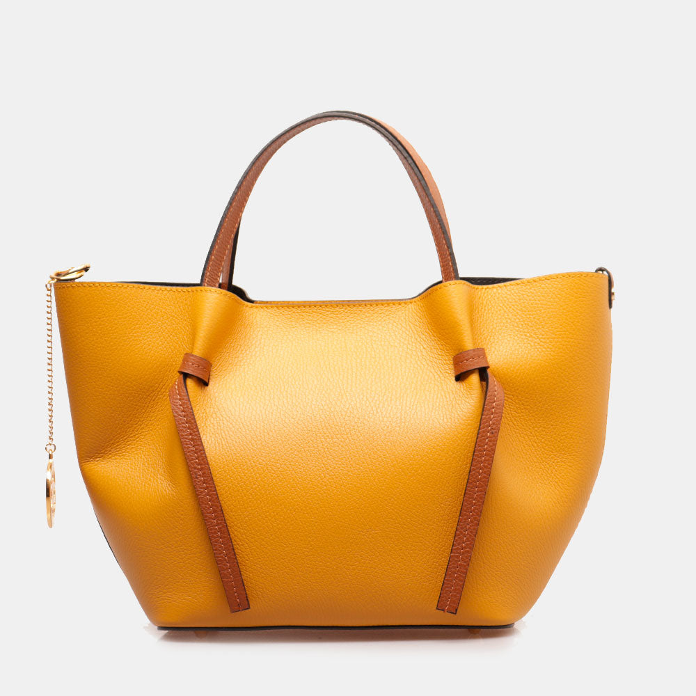 Borsa a Mano con Tracolla VIAVERDI in Pelle Senape e Marrone Made in Italy linea Castiglione