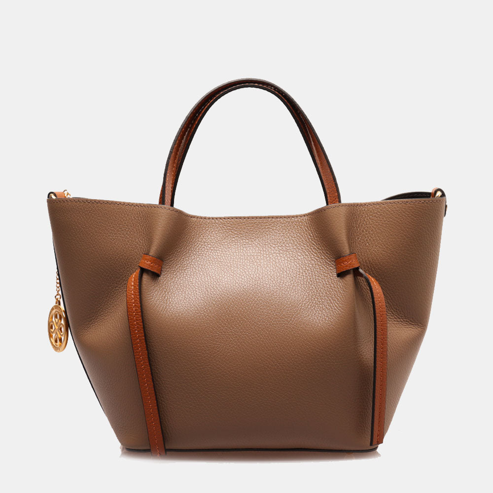 Borsa a Mano con Tracolla VIAVERDI in Pelle Taupe e Marrone Made in Italy linea Castiglione