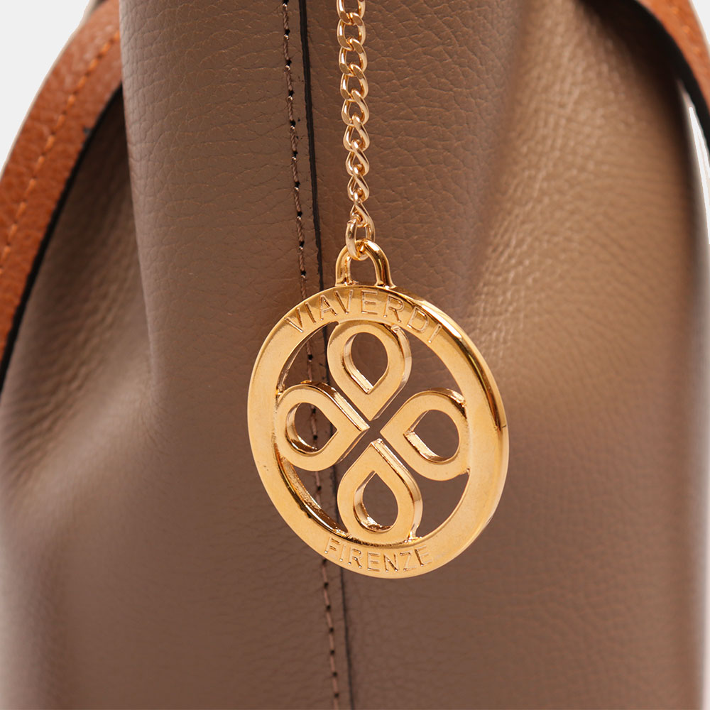 Borsa a Mano con Tracolla VIAVERDI in Pelle Taupe e Marrone Made in Italy linea Castiglione