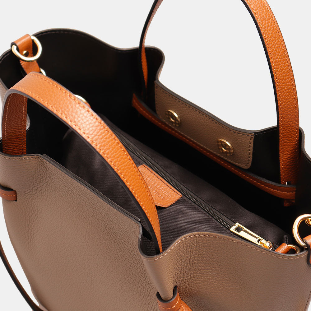 Borsa a Mano con Tracolla VIAVERDI in Pelle Taupe e Marrone Made in Italy linea Castiglione