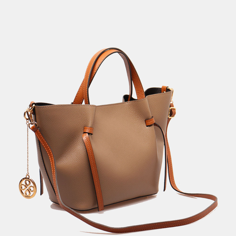 Borsa a Mano con Tracolla VIAVERDI in Pelle Taupe e Marrone Made in Italy linea Castiglione