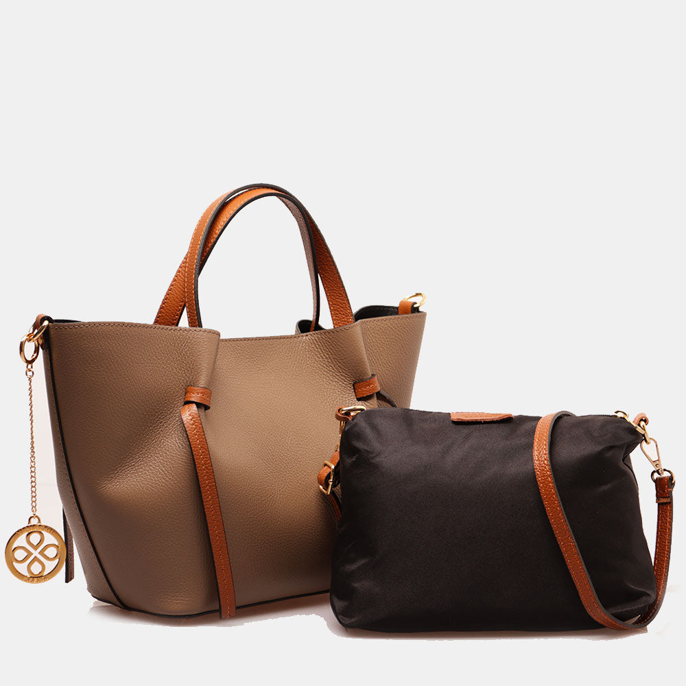 Borsa a Mano con Tracolla VIAVERDI in Pelle Taupe e Marrone Made in Italy linea Castiglione