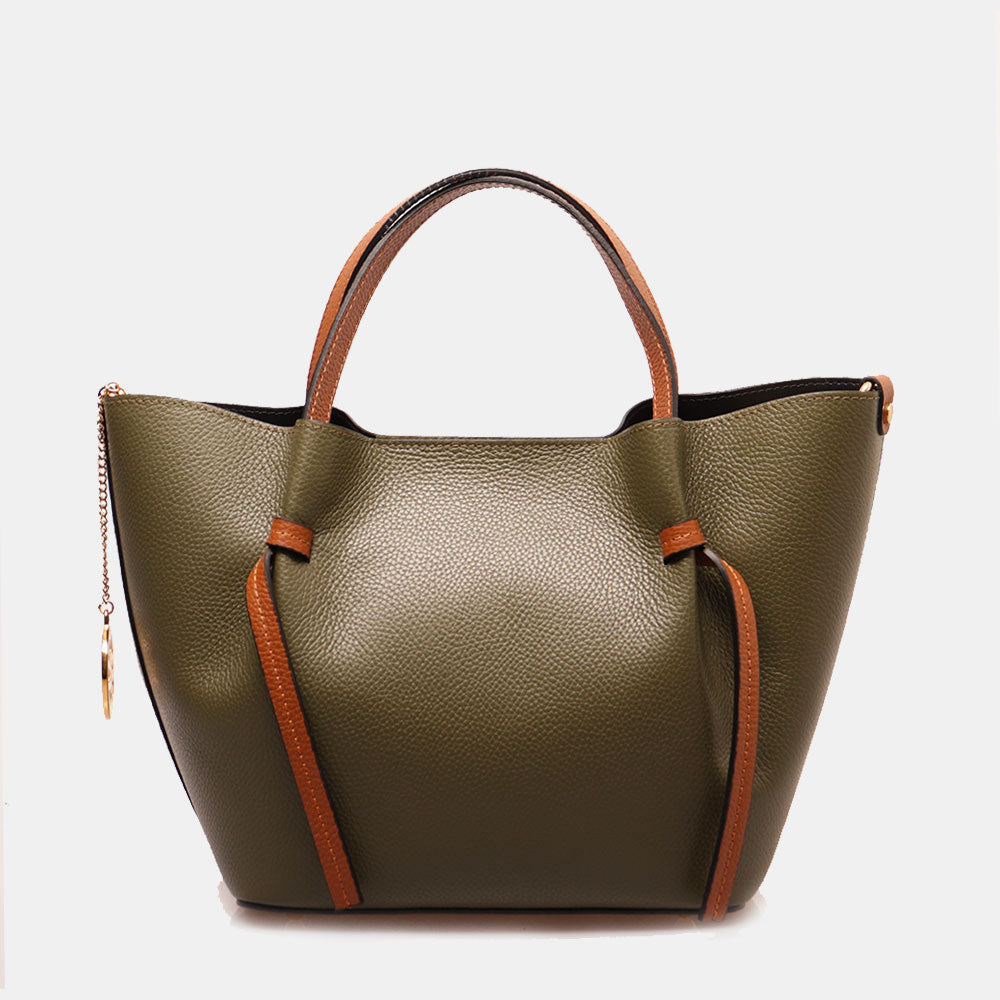 Borsa a Mano con Tracolla VIAVERDI in Pelle Verde e Marrone Made in Italy linea Castiglione