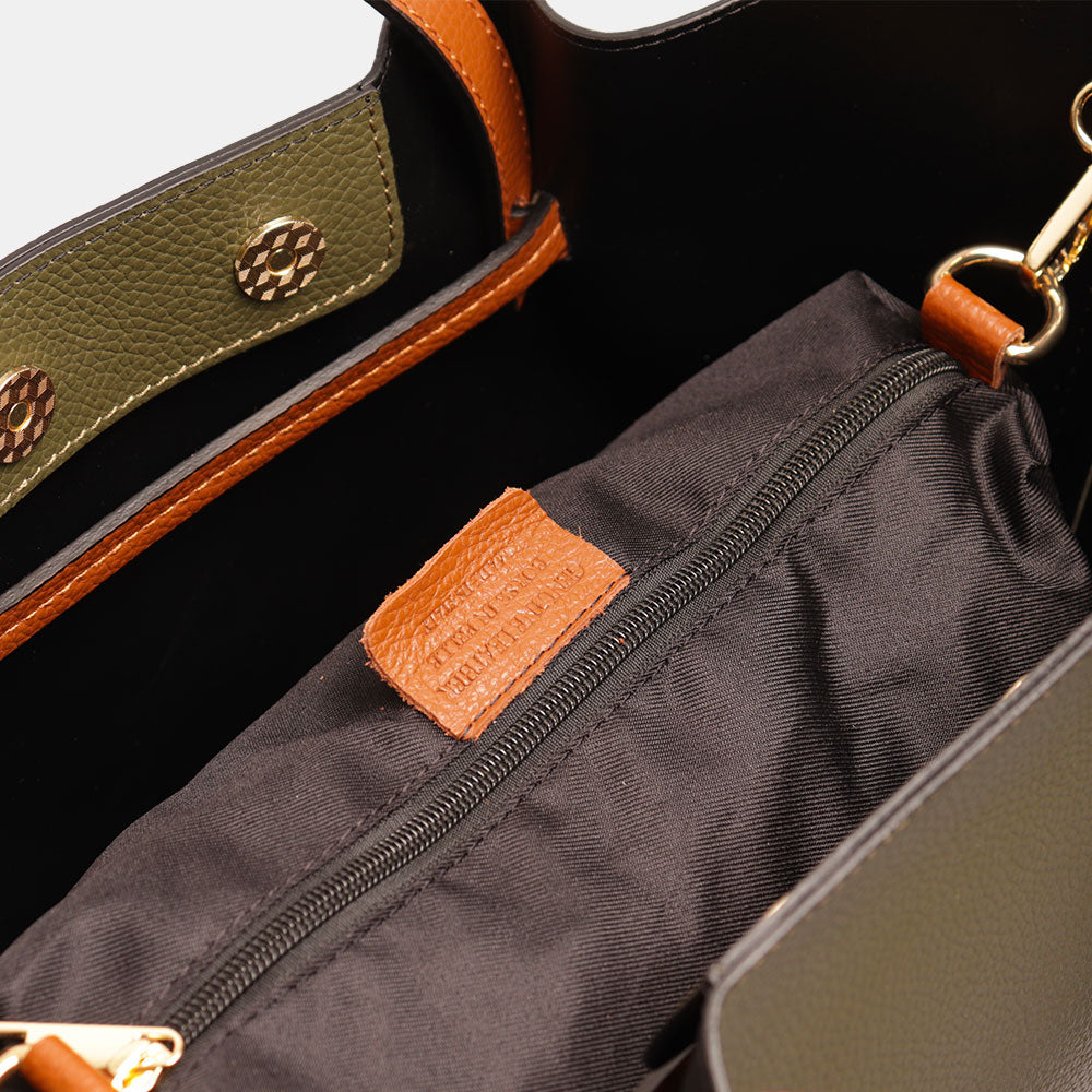 Borsa a Mano con Tracolla VIAVERDI in Pelle Verde e Marrone Made in Italy linea Castiglione