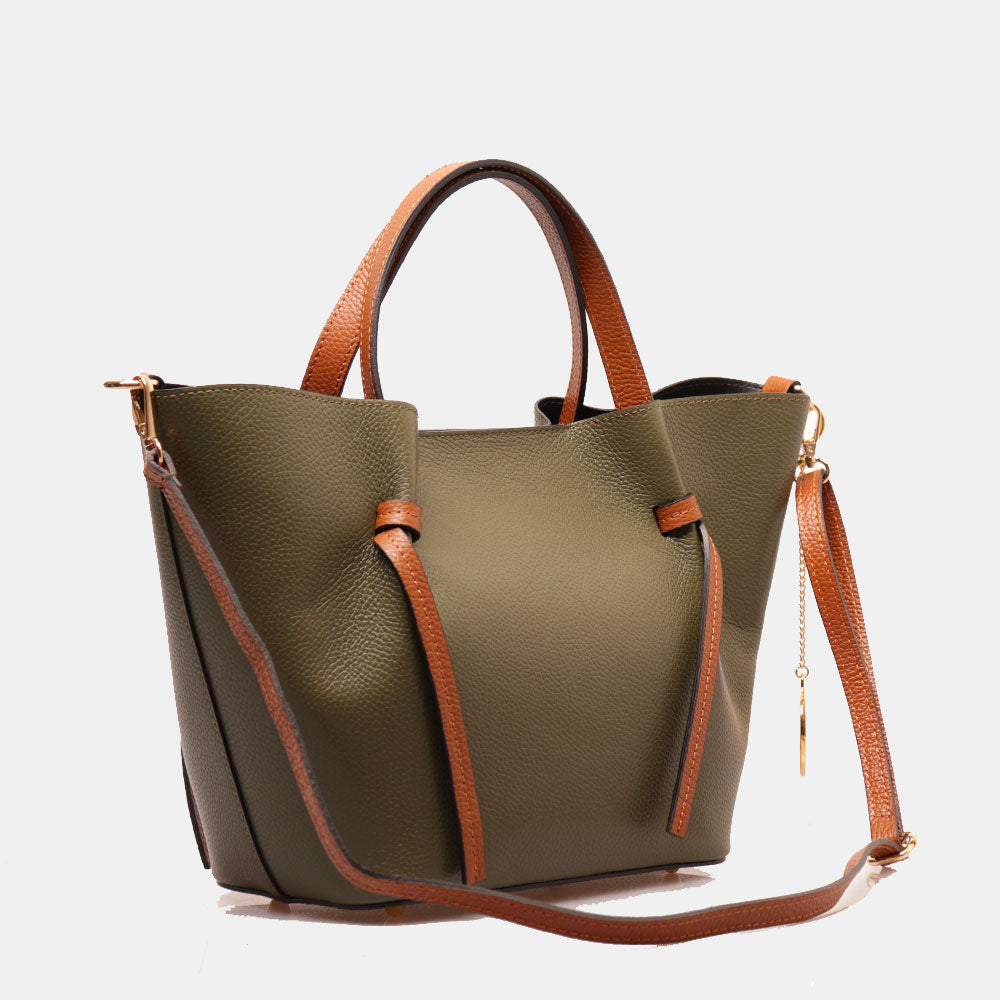 Borsa a Mano con Tracolla VIAVERDI in Pelle Verde e Marrone Made in Italy linea Castiglione