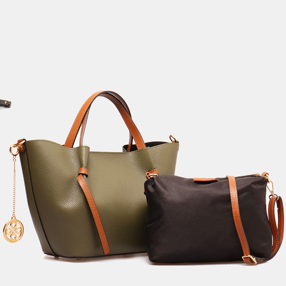 Borsa a Mano con Tracolla VIAVERDI in Pelle Verde e Marrone Made in Italy linea Castiglione