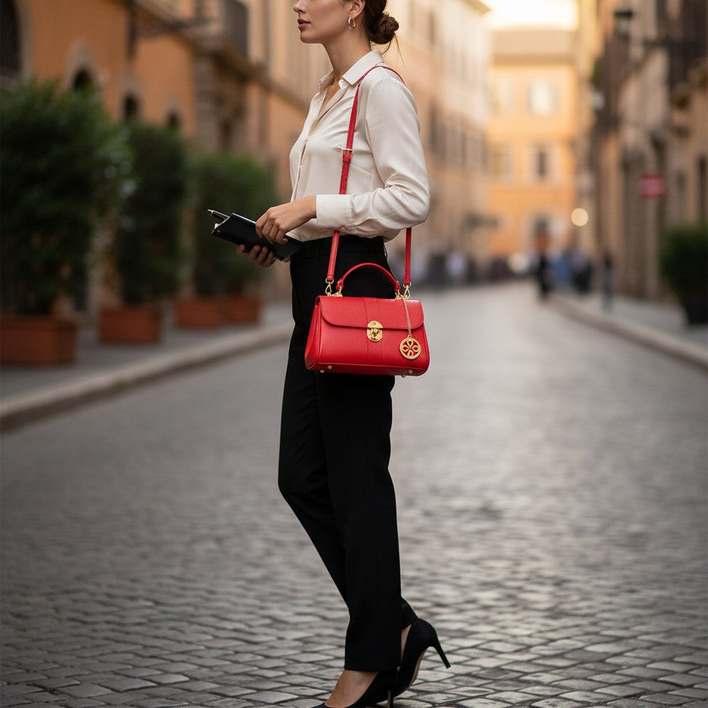 Borsa a Mano VIAVERDI in Pelle Rossa Made in Italy linea Montalcino