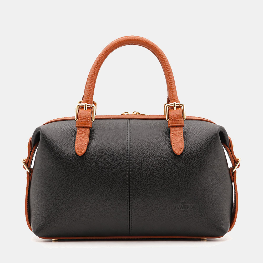 Borsa Bauletto VIAVERDI in Pelle Blu e Cuoio Made in Italy Linea San Gimignano