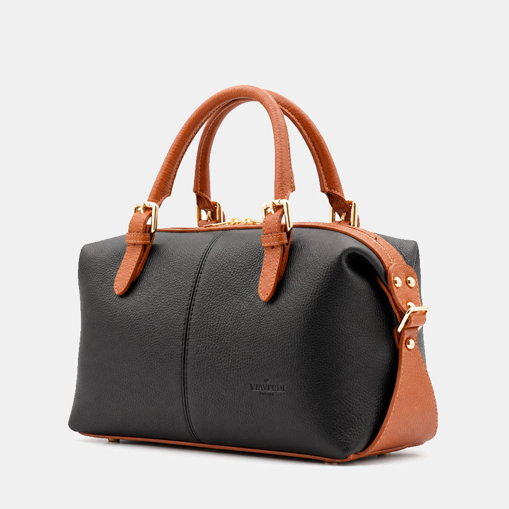 Borsa Bauletto VIAVERDI in Pelle Blu e Cuoio Made in Italy Linea San Gimignano