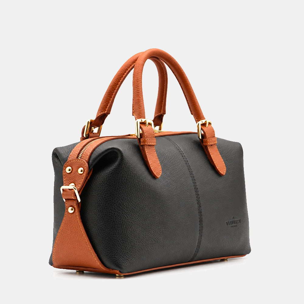 Borsa Bauletto VIAVERDI in Pelle Blu e Cuoio Made in Italy Linea San Gimignano