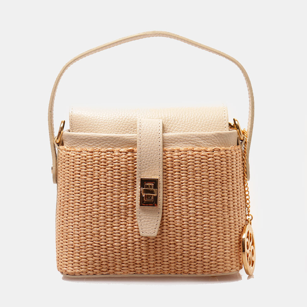 Borsa Donna a Mano VIAVERDI in Pelle Avorio e Rafia Made in Italy